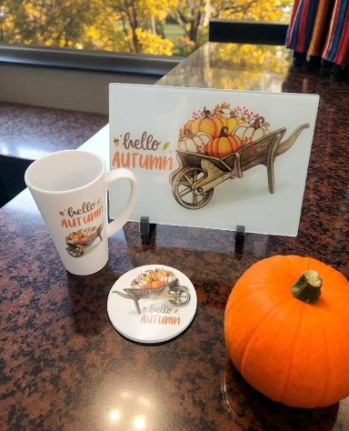 autumn collection chopping board 17oz latte cup and coaster