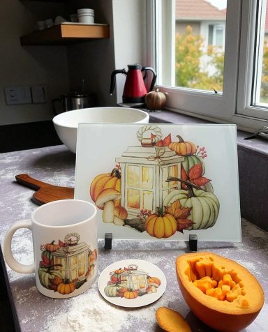 autumn range chopping board, cup and coaster set